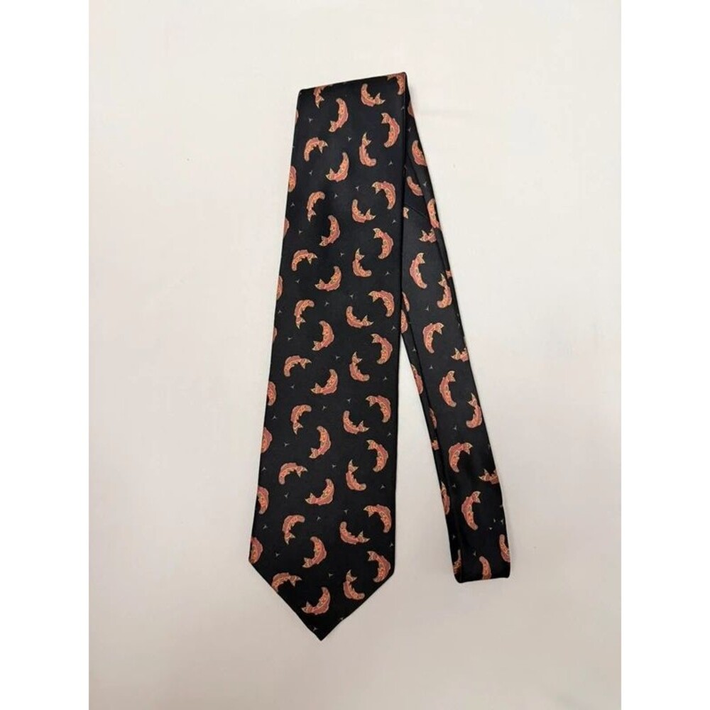 Vintage Magenta 100% Silk Neck Tie Black Koi Fish hand Made In Canada